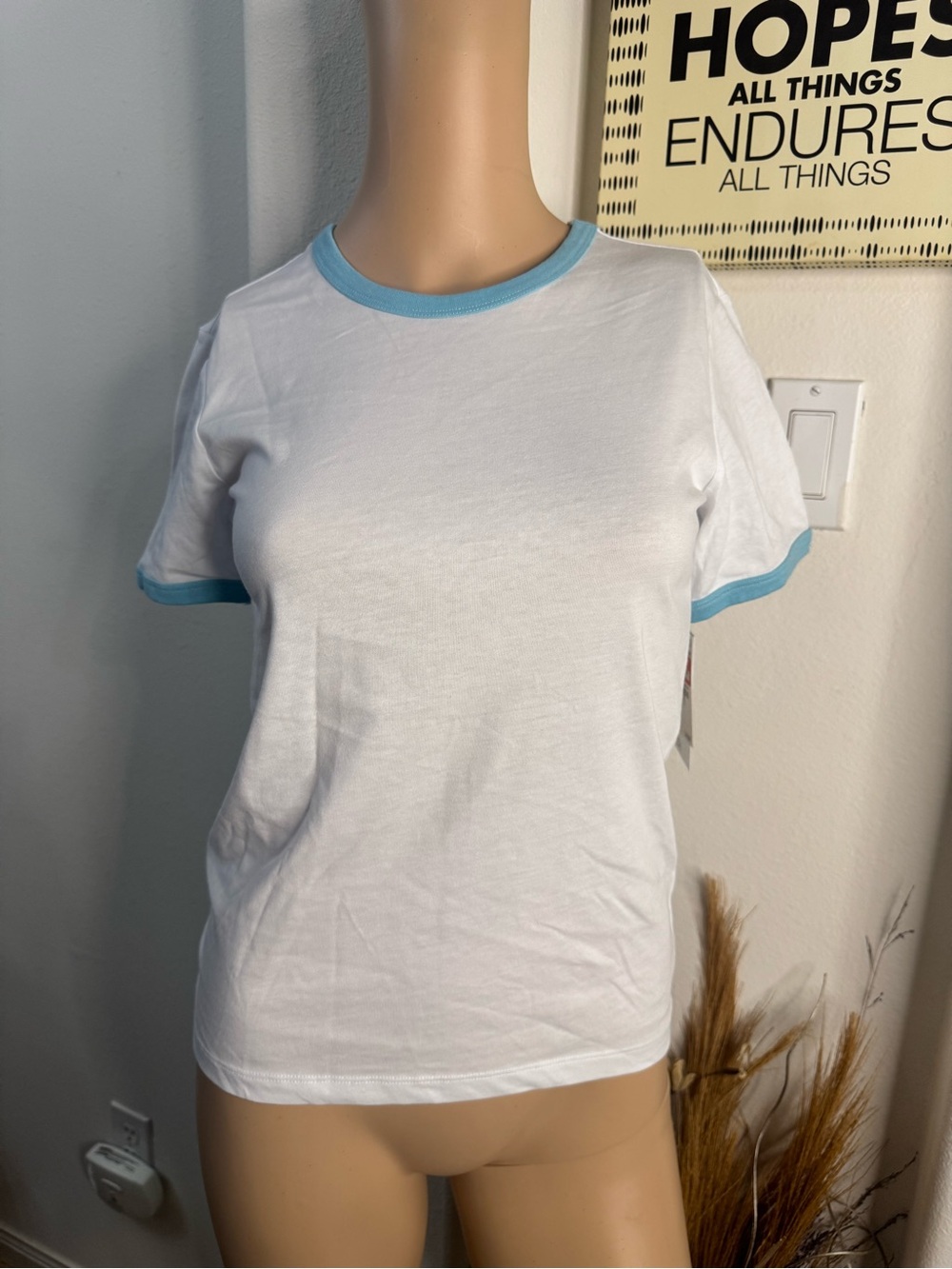 Nordstrom White Ringer Tee with Light Blue Trim